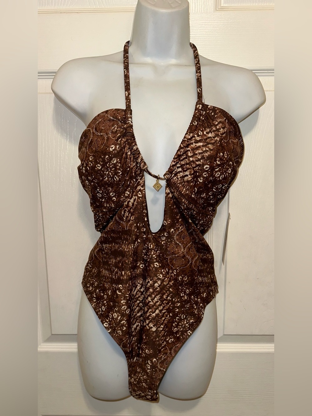 No Boundaries Brown Boho Halter One-Piece Swimsuit